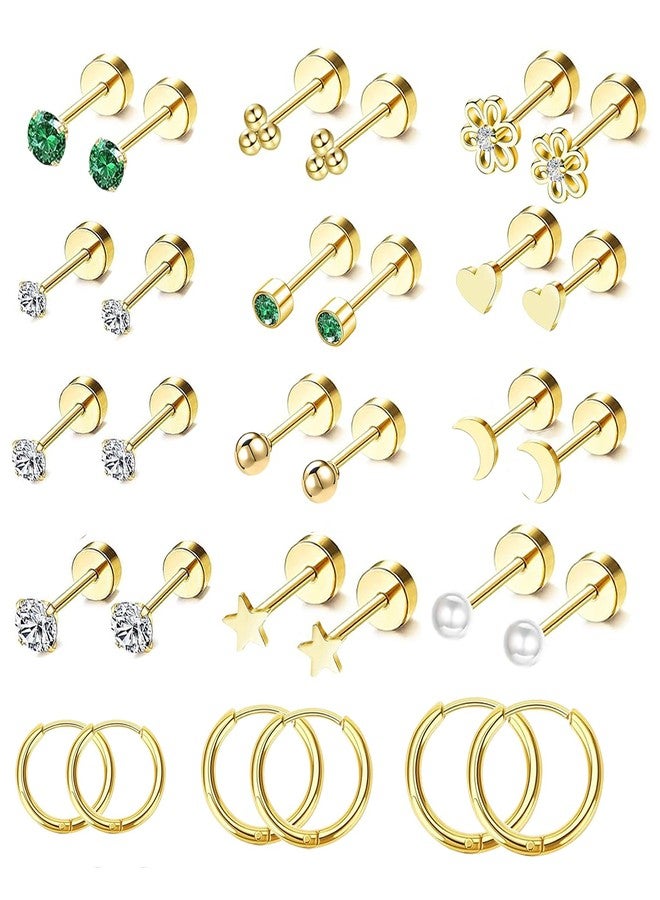 Suotarn أقراط صغيرة مضادة للحساسية من الذهب عيار 14 قيراطًا، ذات ظهر مسطح، مناسبة للنساء والرجال، مصنوعة من الفولاذ الجراحي، بتصميم أنيق وصغير الحجم، حلقية مسطحة الظهر، أقراط غضروفية، لون أخضر زمردي، ظهر لولبي، مناسبة لثقب شحمة الأذن أو الحلزون، مقاس 20G - Image 1